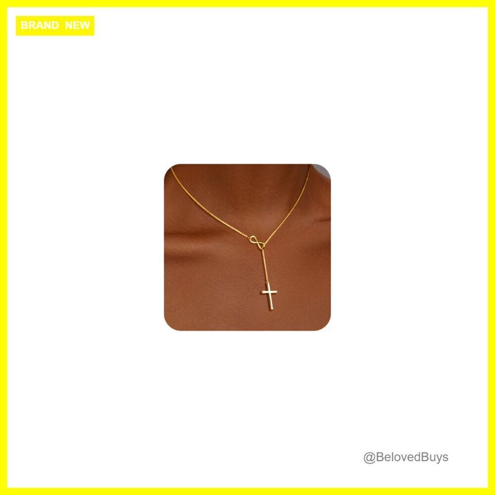 14K Gold Plated Infinity Cross Y Necklace 16" with Extension Chain